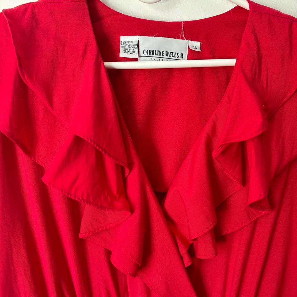 Vintage Caroline Wells Red Ruffle V-neck Dress - Picture 8 of 11